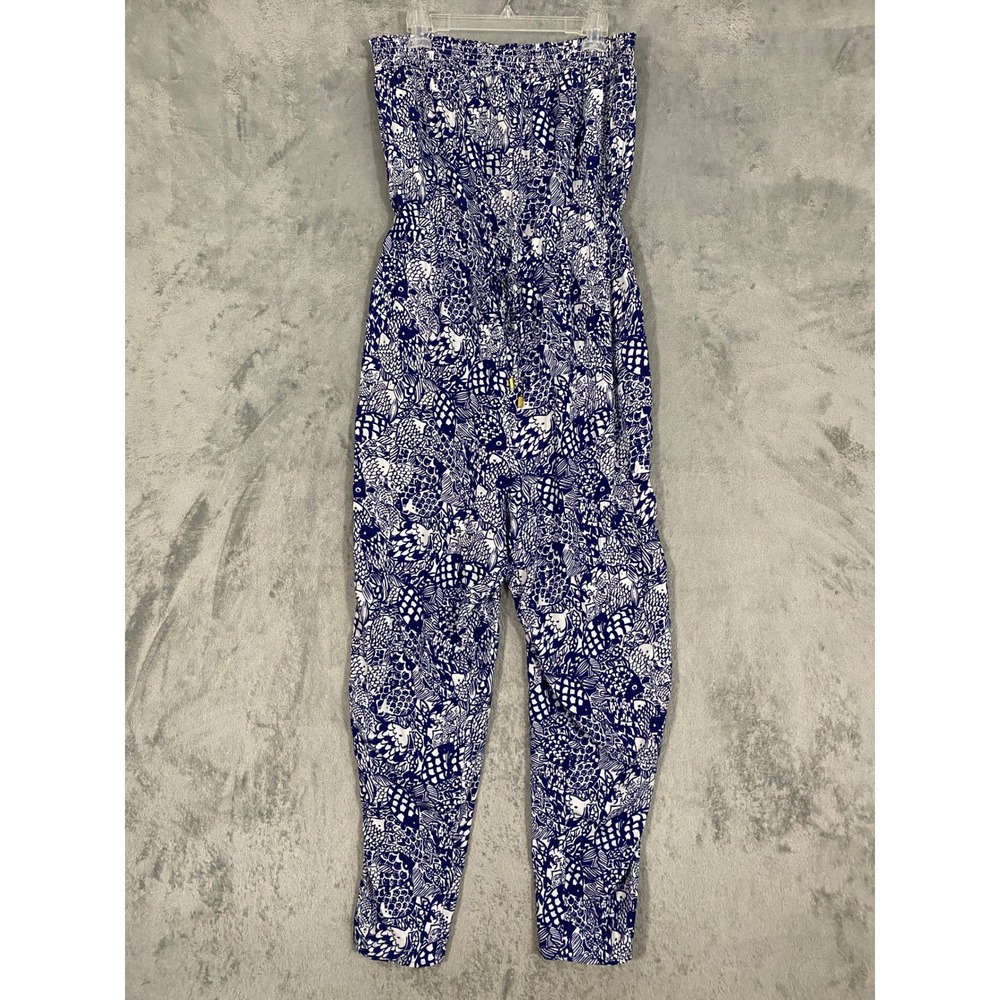 Lilly Pulitzer Jumpsuit Womens L Blue White Fish Print Strapless Smocked Coastal